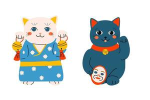 oosters maneki neko kat reeks van twee tekenfilm katten vector