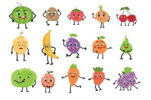 tekenfilm groente en fruit schattig tekens gezichten vector