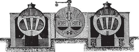 galloway boiler kruis sectie, wijnoogst gravure. vector