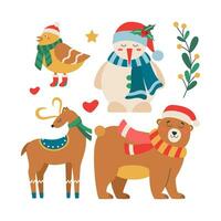 reeks van Kerstmis hert, beer, vogel, sneeuwman in een sjaal en hoed met een takje van maretak en bessen. vector