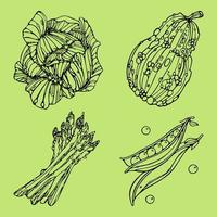 asperges, kool, pompoen, groene erwten op groene achtergrond vector set. schets doodle vectorillustratie voor ontwerpmenu, restaurant, winkels, logo, stof, plantaardige posters