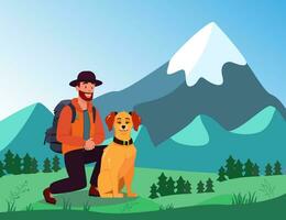 Mens met toerist rugzak, vriendelijk rood schattig hond. zittend Aan knieën.landschap met bergen en Woud achtergrond. tekenfilm vector illustratie voor boek, spellen of reclame Aan de internet