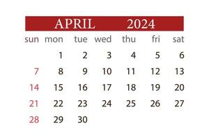 april 2024 kalender maandelijks ontwerper begin zondag sjabloon vector. vector