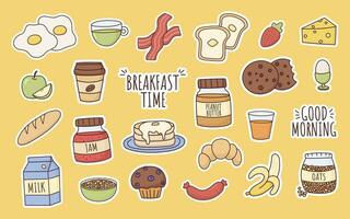 ontbijt sticker set, schattig tekenfilm stijl, tekening, eieren, pinda boter, koekjes, koffie, spek, banaan, muffin, melk, haver, jam, aardbei, pannekoeken, thee, geroosterd brood, vecor illustratie vector