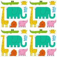 naadloos vector patroon. tekenfilms met dieren. hand- getrokken olifant, giraffe, leeuw, krokodil, neushoorn en pad Aan een wit achtergrond. kinderen thema