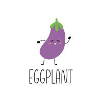 grappig aubergine karakter met het hand- getrokken naam. leren kaart met groente voor kinderen.vector illustratie geïsoleerd Aan wit achtergrond. vector