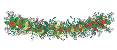 horizontaal grens met Kerstmis boom, twijgen en hulst bessen. Kerstmis decoratie, decoratief botanisch illustratie Aan wit achtergrond. vector illustratie.