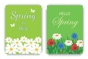 Hallo lente, seizoensgebonden banier verzameling, met voorjaar bloemen en vlinders. vector illustratie.