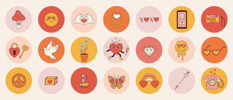 groovy reeks stickers voor valentijnsdag dag. madeliefje, karakter hart, regenboog. liefde concept. vector illustratie in modieus retro Jaren 60 jaren 70 stijl
