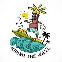 kokosnoot boom surfing de golven karakter mascotte. geschikt voor logo's, mascottes, t-shirts, stickers en posters vector