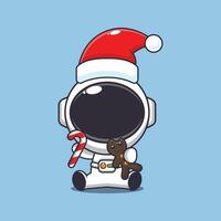 schattig astronaut aan het eten Kerstmis koekjes en snoep. schattig Kerstmis tekenfilm karakter illustratie. vector