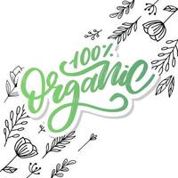 organische borstel belettering. hand getekende woord biologisch met groene bladeren. label, logo sjabloon voor biologische producten, markten voor gezonde voeding. vector