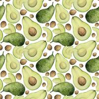 hand- getrokken waterverf groen avocado plakjes en geheel voor eetpatroon, gezond levensstijl, veganistisch Koken. illustratie naadloos patroon geïsoleerd Aan wit achtergrond. ontwerp poster, afdrukken, website, kaart, menu vector