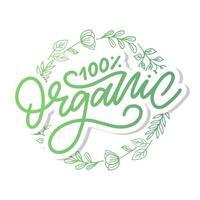 organische borstel belettering. hand getekende woord biologisch met groene bladeren. label, logo sjabloon voor biologische producten, markten voor gezonde voeding. vector