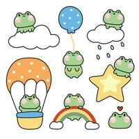 reeks van schattig kikker in divers poses.sky concept.reptiel dier karakter tekenfilm ontwerp.ballon, wolk, ster, regenboog hand- getekende.kawaii.vector.illustratie. vector