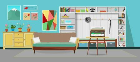 retro kleurrijk leven kamer interieur ontwerp. vlak stijl vector illustratie