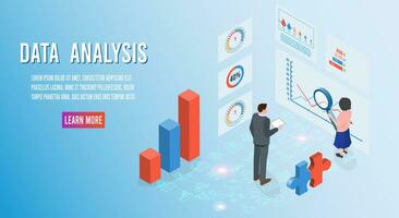 modern 3d isometrische ontwerp concept van gegevens analyse met bedrijf mensen team werken met gegevens visualisatie voor website en mobiel website. vector illustratie eps10