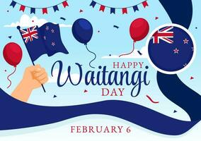 gelukkig waitangi dag vector illustratie Aan februari 6 met nieuw Zeeland vlag en kaart in nationaal vakantie vlak tekenfilm achtergrond ontwerp