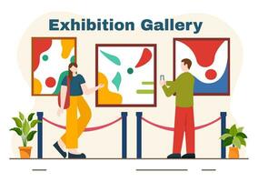 tentoonstelling bezoekers viewing een galerij met modern abstract schilderij Bij hedendaags in expositie hal in vlak tekenfilm achtergrond vector illustratie