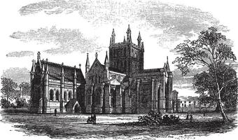 hereford kathedraal, engeland wijnoogst gravure vector