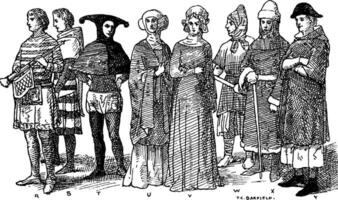 Engeland veertiende eeuw midden- leeftijden mode, wijnoogst illustratie. vector