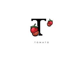 rood tomaat fruit vector, Super goed combinatie van tomaat fruit symbool met brief t vector