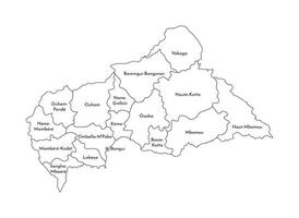 vector geïsoleerd illustratie van vereenvoudigd administratief kaart van centraal Afrikaanse republiek, auto. borders en namen van de Regio's. zwart lijn silhouetten.
