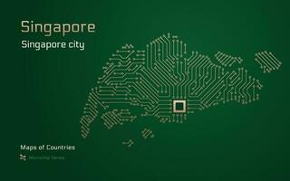 Singapore kaart met een hoofdstad van Singapore stad getoond in een microchip patroon met verwerker. e-overheid. wereld landen vector kaarten. microchip serie