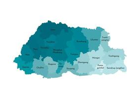 vector geïsoleerd illustratie van vereenvoudigd administratief kaart van bhutan. borders en namen van de Regio's. kleurrijk blauw khaki silhouetten
