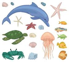 tropisch fauna doodles set. verzameling van exotisch vis, zee dieren. gekleurde vector illustratie in tekenfilm stijl. modern cliparts geïsoleerd Aan wit.