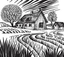 tekening in schetsen stijl, boerderij landschap. met veld- en boerderij huis. gestileerde illustratie, gravure vector