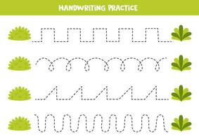 traceren lijnen voor kinderen. schattig tekenfilm groen struiken. handschrift oefening. vector