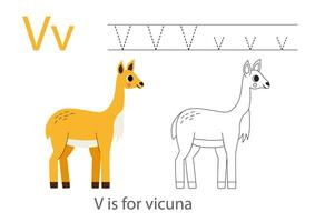 traceren alfabet brieven met schattig dieren. kleur schattig vicuna. spoor brief v. vector