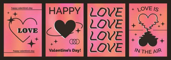 Valentijnsdag dag posters in y2k esthetiek, verticaal spandoeken, vakantie kaarten met harten, kaders en tekst groeten Aan een levendig achtergrond. vector illustratie.