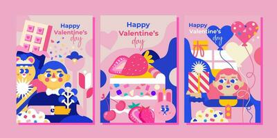 3 roze Sjablonen voor Valentijnsdag dag. modern vlak ontwerp, geschenken, snoepgoed, ballen, harten en liefde. de illustratie is geschikt voor hartelijk groeten, uitnodigingen, kaarten, reclame en veel meer vector