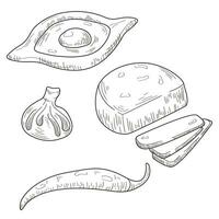 tekening Georgisch nationaal voedsel geïsoleerd Aan de wit achtergrond. hand- getrokken khachapuri, khinkali, kaas en peper. hand- getrokken Georgisch keuken. lijn kunst illustratie vector