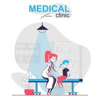 medische kliniek geïsoleerd cartoon concept. jongen bij kinderartsafspraak, dokterspraktijk, mensenscène in plat ontwerp. vectorillustratie voor bloggen, website, mobiele app, promotiemateriaal. vector