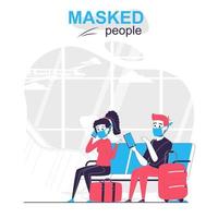 gemaskerde mensen geïsoleerd cartoon concept. reizigers die maskers dragen die in de luchthavenlobby zitten, mensenscène in plat ontwerp. vectorillustratie voor bloggen, website, mobiele app, mobiele site. vector