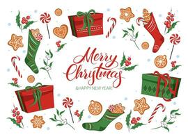 Kerstmis kaart met reeks cadeaus in sokken, met winter decoraties en traditioneel snoepgoed. belettering vrolijk Kerstmis en nieuw jaar vakantie. vector illustratie