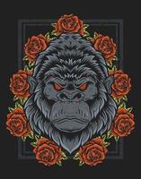 illustratie vintage gorilla hoofd met roze bloem vector