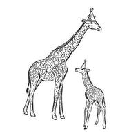 een lijn getrokken illustratie van een volwassen giraffe en baby giraffe. beide giraffen zijn vervelend partij hoeden. perfect voor diy evenement schrijfbehoeften of kinderen verjaardag partij uitnodigingen. vector