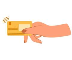hand- Holding credit kaart of debiteren kaart. credit kaart geld financieel veiligheid voor online boodschappen doen of online betaling credit kaart met betaling bescherming. vector illustratie