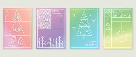 vrolijk Kerstmis concept posters set. schattig helling holografische achtergrond vector met levendig kleur, sneeuwvlokken, pijnboom, bal. kunst modieus behang ontwerp voor sociaal media, kaart, banier, folder.