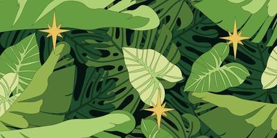 banner met tropische bladeren. monstera, philodendron en bananenbladeren op een donkere achtergrond met kleine lichtjes in het regenwoud. vector