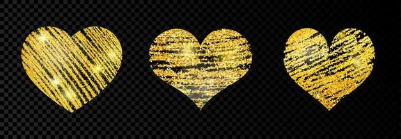 reeks van drie hart met goldens glinsterende kattebelletje verf Aan donker achtergrond. achtergrond met goud sparkles en schitteren effect. leeg ruimte voor uw tekst. vector illustratie