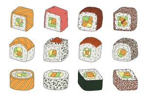 hand- getrokken sushi rollen clip art set. Japans traditioneel keuken borden. Aziatisch voedsel vector