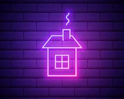 gloeiende neon lijn huisje geïsoleerd op bakstenen muur achtergrond. huis symbool. vector. vector