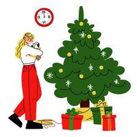 een Kerstmis illustratie in welke een meisje houdt een doos met een hond in de buurt een Kerstmis boom met geschenk dozen. zijn tijd naar geven geschenken. uitpakken een geschenk. vector. cadeaus en verrassingen. vrolijk kerstmis, nieuw jaar vector