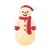 sneeuwman in de kerstman hoed met rood sjaal en wanten vector illustratie geïsoleerd Aan wit achtergrond. helder tekenfilm gedetailleerd winter element voor vakantie patroon, groet kaarten, verpakking, ontwerp