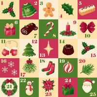 Kerstmis komst kalender met Kerstmis decoratie elementen in feestelijk rood en groen kleuren gelukkig nieuw jaar groet kaart, poster, banier ontwerp. vector plein naadloos patroon